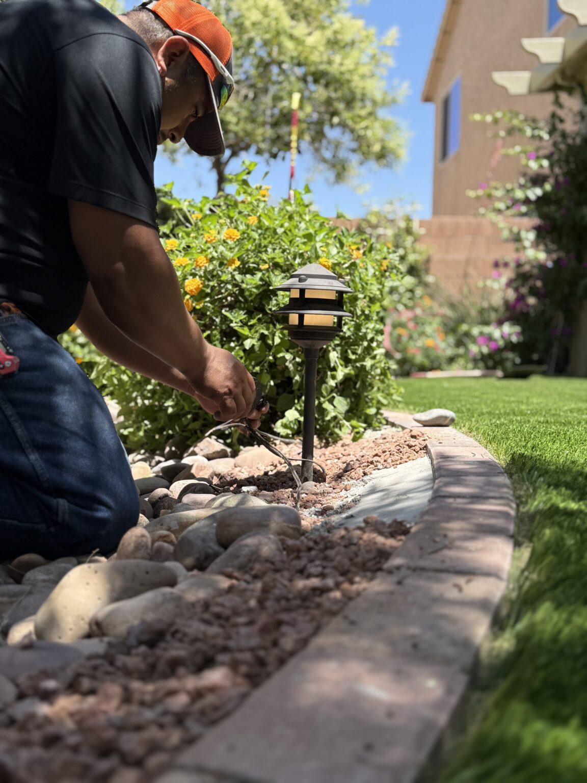 Low-voltage landscape lighting installation in the Las Vegas valley